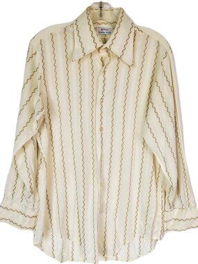 Vintage 70s Enro Fashion Knits Cream Dagger Collar Shirt 15 1/2, 32 Yellow